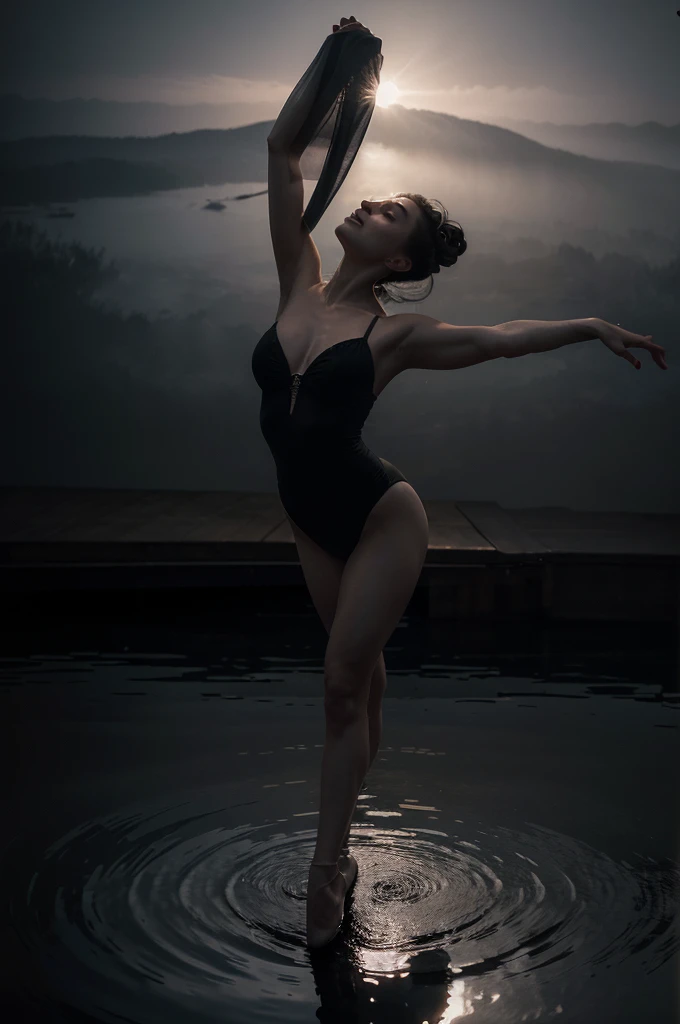 a graceful ballet dancer, dancing in a rippling reflection on a serene lake, dramatic chiaroscuro lighting, cinematic atmosphere, elegant movement, exquisite details, highly detailed, 8k, photorealistic, intricate choreography, ethereal, dreamlike, dramatic shadows, dramatic lighting, mist, fog, moody, emotional, atmospheric, (best quality,4k,8k,highres,masterpiece:1.2),ultra-detailed,(realistic,photorealistic,photo-realistic:1.37),cinematic,dramatic,elegant,moody,atmospheric