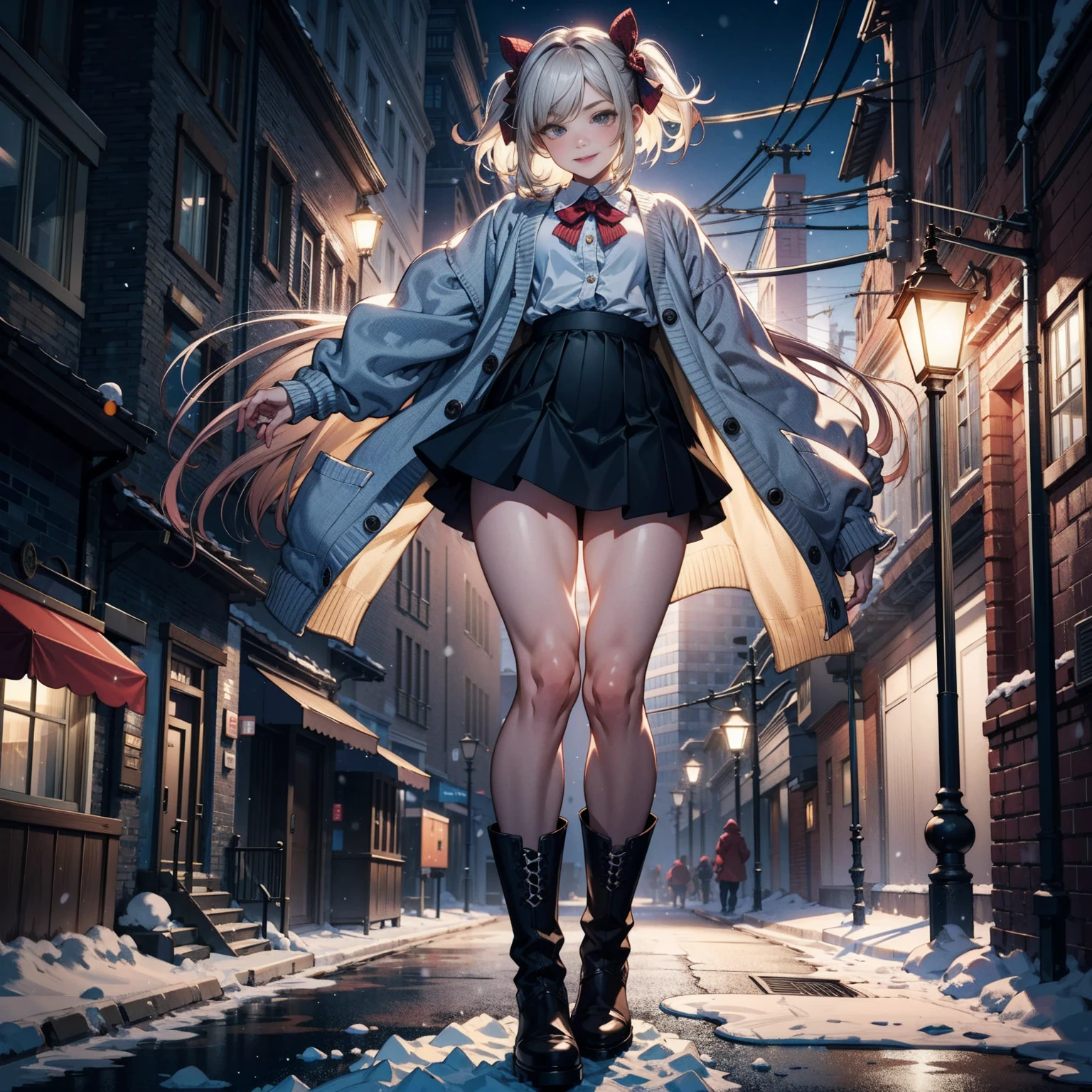 (masterpiece:1.2), best quality, highres, original, (extremely detailed:1.2), ultra-detailed, wallpaper, perfect lighting,(extremely detailed CG:1.2), 8k, anime illustration, 1girl, solo, smiling, (winter outfit:1.2), standing on the street, (knit cardigan:1.1), (bowknot on cardigan:1.25), knee-length skirt, (Ruffled hemline:1.3), winter boots, {delicate|detailed}clothes, (anatomically correct:1.34), close-up, full-body, looking at viewer, frontal, snowy street, (streetlight:1.17), city background, night, unity 4k