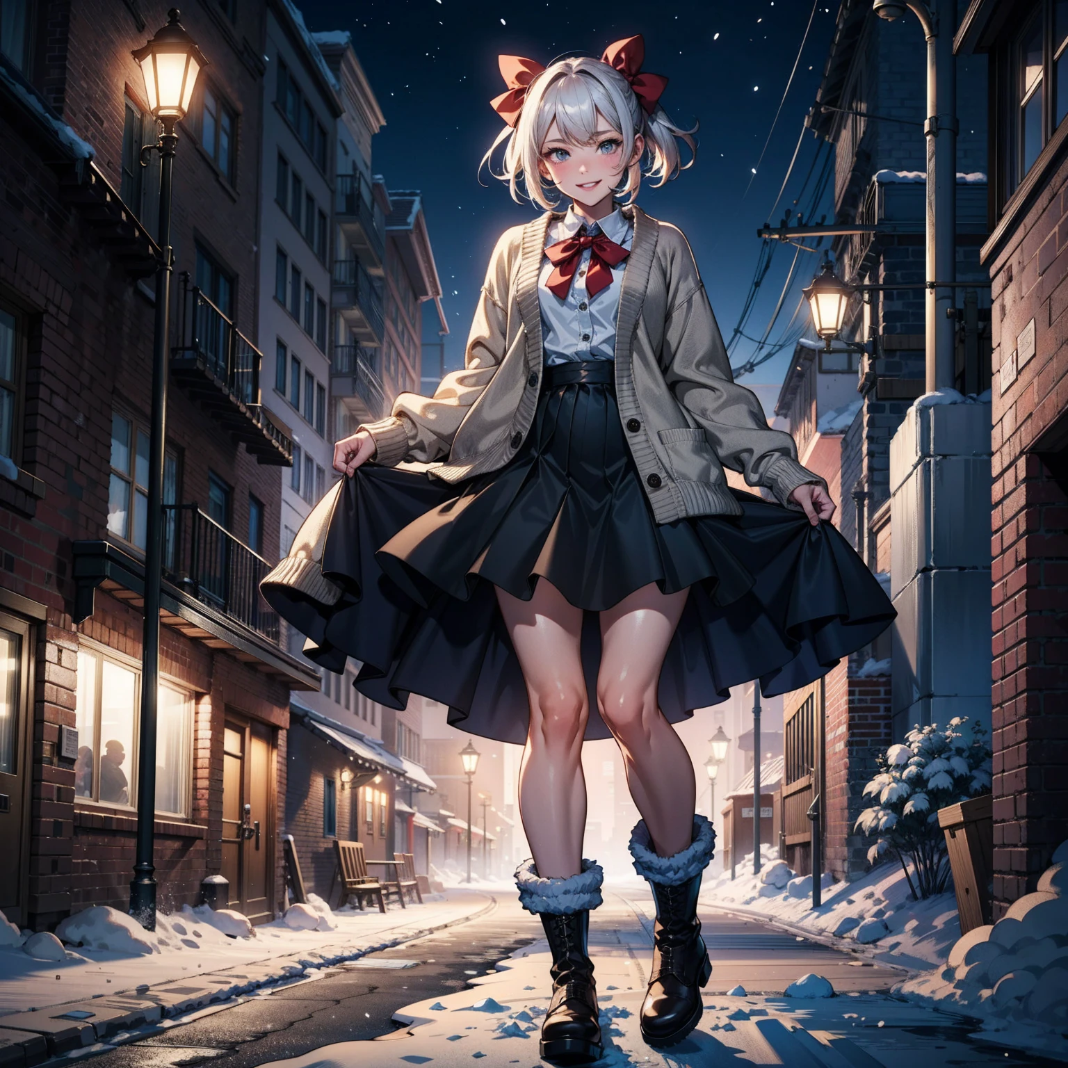 (masterpiece:1.2), best quality, highres, original, (extremely detailed:1.2), ultra-detailed, wallpaper, perfect lighting,(extremely detailed CG:1.2), 8k, anime illustration, 1girl, solo, smiling, (winter outfit:1.2), standing on the street, (knit cardigan:1.1), (bowknot on cardigan:1.25), knee-length skirt, (Ruffled hemline:1.3), winter boots, {delicate|detailed}clothes, (anatomically correct:1.34), close-up, full-body, looking at viewer, frontal, snowy street, (streetlight:1.17), city background, night, unity 4k