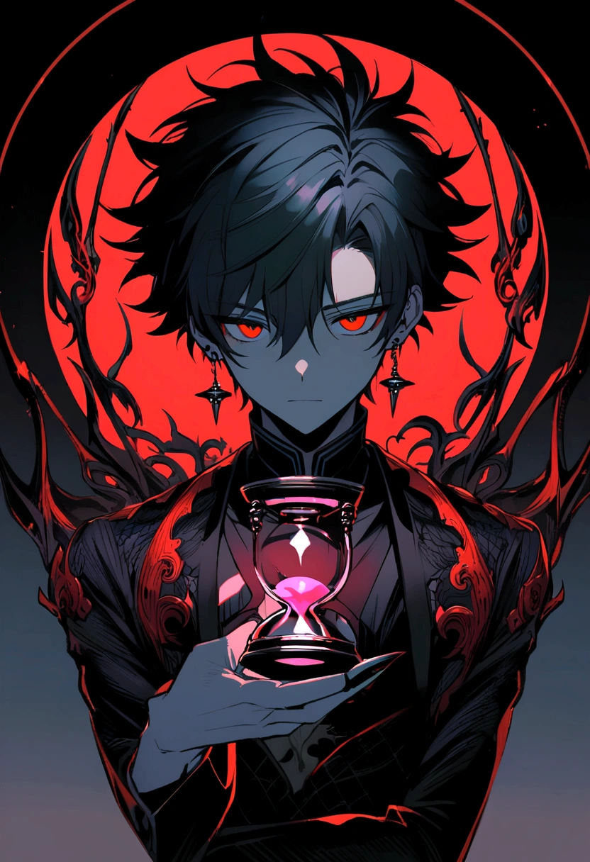 male anime character, Red eyes, black fur, long blue hourglass tip earrings, Blue, clothes in red and black tones, male