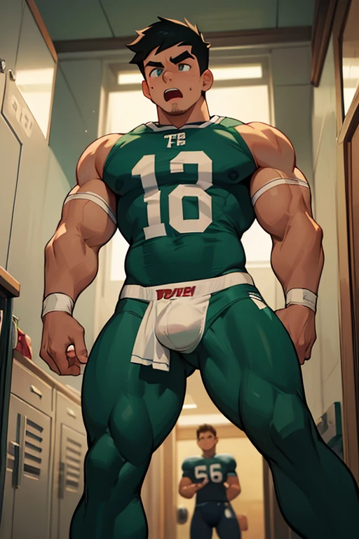 Danny Phantom, ghost, hypnosis, jock, conversion, locker room hallway, hyper muscles, jockstrap, bro, meathead, hypnotized, brainwashed, brainwashing, big dumb jock, football. Glowing green eyes. Danny Fenton is hypnotized by Dash to become another dumb bodybuilder football jock bro. Hyper crotch bulge. Massive bulging crotch. Big balls. Big biceps. Big triceps. Big traps. Broad shoulders. Big meaty pecs. Big thighs. Thick glutes. Football team assimilation. Black hair. Deep dull voice. glazed expression. dumber and dumber. Open mouth. Clothes turning into a football uniform. Forgetting. Meaner. Threatening. leering. Malicious. "Why do I feel like...? I want to ... I should..... I should be giving someone a wedgie right now! Stupid nerds. Fuck, Dash, where's that fucker Tucker? I wanna shove him in his locker."