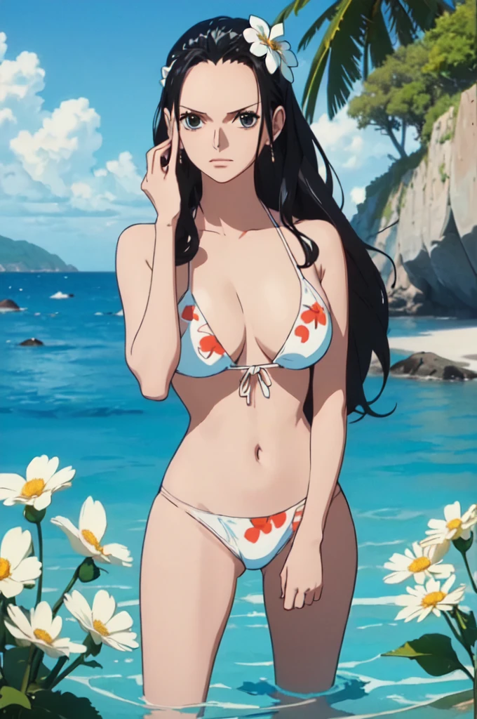 best quality, masterpiece, over  the  sea,1girl (((white bikini swimsuit、flowers printed)))、Beautiful sunlight on the beach, One Piece character Nico Robin, long black hair, extremely beautiful, looking at the viewer, standing in a bikini.(top-quality, 8K, masterpiece:1.3)), A detailed eye, (looking at from the front), Look at the camera, ((Everything is sparkling、reflecting light:1.2)), (Best Ratio: 4 fingers, 1 thumb), (portrait), 1 person, Nico Robin ((one piece)), Beautiful woman with perfect body, Highly detailed facial and skin texture,wearing accessories on head, all fingers pointing at viewer,(((Beautiful white bikini))) sexy shy full body shorts