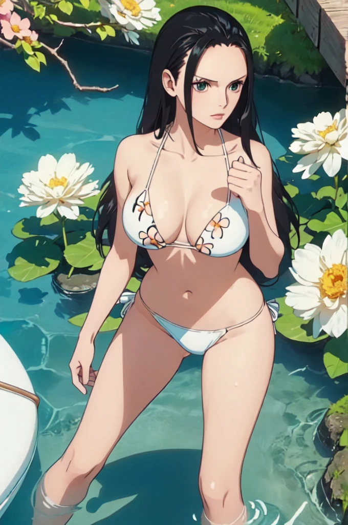 best quality, masterpiece, over the sea,1girl (((white bikini swimsuit、flowers printed)))、Beautiful sunlight on the beach, One Piece character Nico Robin, long black hair, extremely beautiful, looking at the viewer, standing in a bikini.(top-quality, 8K, masterpiece:1.3)), A detailed eye, (looking at from the front), Look at the camera, ((Everything is sparkling、reflecting light:1.2)), (Best Ratio: 4 fingers, 1 thumb), (portrait), 1 person, Nico Robin ((one piece)), Beautiful woman with perfect body, Highly detailed facial and skin texture,wearing accessories on head, all fingers pointing at viewer,(((Beautiful white bikini))) sexy shy full body shorts