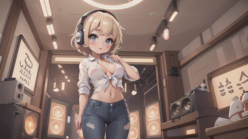 (masterpiece, best quality:1.4), ultra-detailed, soft light, natural lighting, cinematic light, film grain, (depth of field), (1woman, solo:1.4), mature woman, perfect female form, (perfect face, detailed face, glossy lips, eyeliner), short hair, blonde, (natural breasts), (white unbuttoned shirt, jeans, cleavage), (mixtape:1.4), (music store, discs, vinil, radio, amplifiers, speakers, headphones), (standing),
