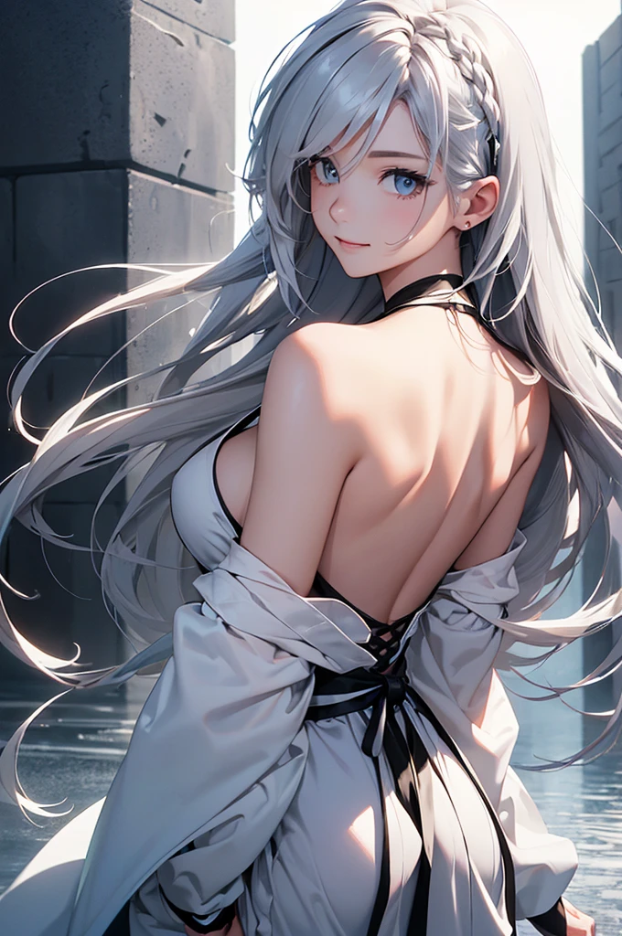 (Image from chest up:1.4)((masterpiece:1.5,Highest quality,Beautiful images、Realistic、3d、Artistic))(1girl, 独奏)(medium breasts, Silver Hair、long hair、Beautiful cleavage、sideboob、Exposing shoulders、Tattoo on shoulder)(Profile portrait,Gaze sideways、Gaze diagonally、Shake your head、Smile, floating hair)(Monotone Abstract Background)((from backside:1.3))((Monotone costumes))