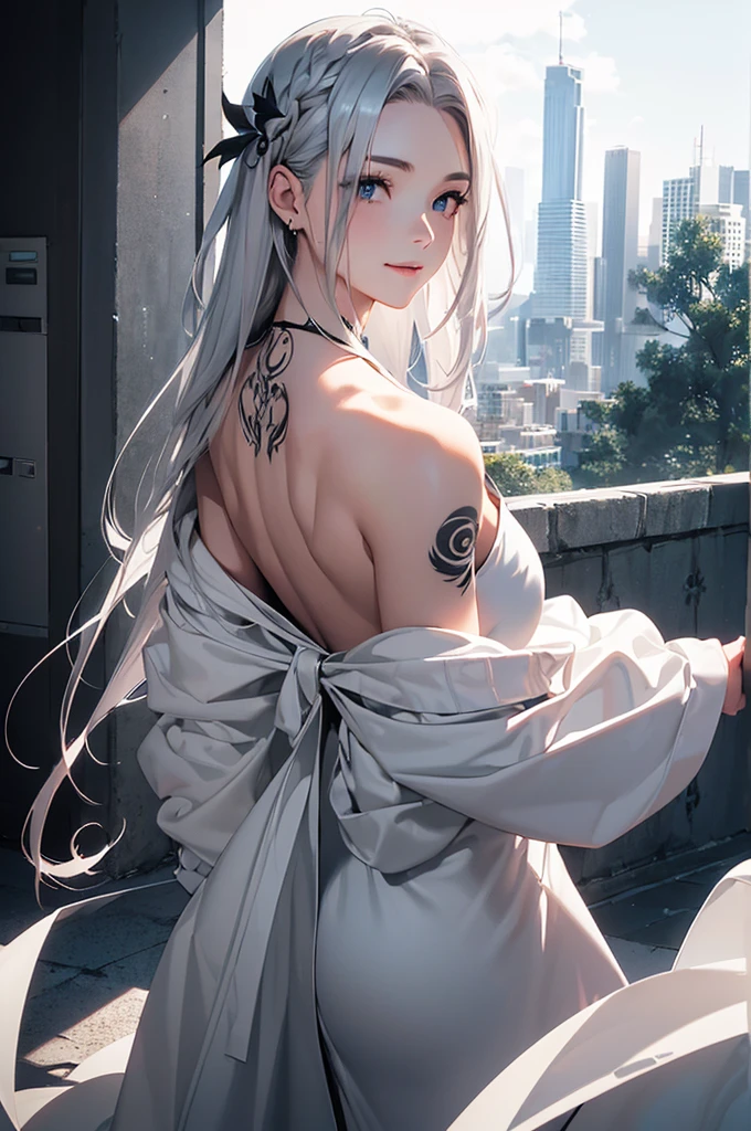 (Image from chest up:1.4)((masterpiece:1.5,Highest quality,Beautiful images、Realistic、3d、Artistic))(1girl, 独奏)(medium breasts, Silver Hair、long hair、Beautiful cleavage、sideboob、Exposing shoulders、Tattoo on shoulder)(Profile portrait,Gaze sideways、Gaze diagonally、Shake your head、Smile, floating hair)(Monotone Abstract Background)((from backside:1.3))((Monotone costumes))
