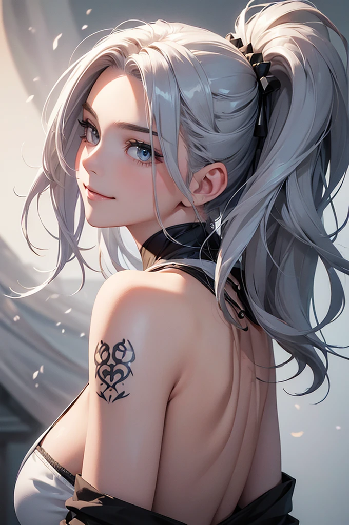 (Image from chest up:1.4)((masterpiece:1.5,Highest quality,Beautiful images、Realistic、3d、Artistic))(1girl, 独奏)(medium breasts, Silver Hair、long hair、Beautiful cleavage、sideboob、Exposing shoulders、Tattoo on shoulder)(Profile portrait,Gaze sideways、Gaze diagonally、Shake your head、Smile, floating hair)(Monotone Abstract Background)((from backside:1.3))((Monotone costumes))