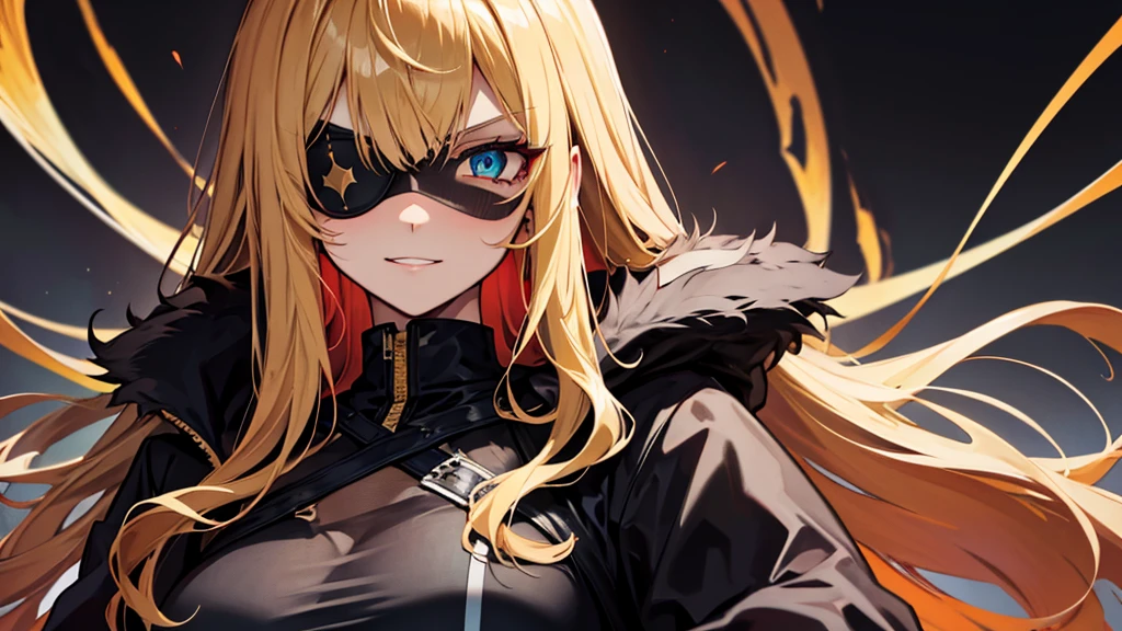 ((masterpiece)), ((best quality)), 1girl, adult, long hair, ((blonde hair)), very long blonde hair, ((intimidant look)), ((close-up)), profile image, green eyes, black and red clothes, sexy, dark colors, brillant eyes, ((coat with fur)), ((wavy hair)), exposed skin, ((sexy pose)), ((intimidant look)), good anatomy, ((dark sage clothes)), ((straight cut bangs)), emotionless, intimidant, ((beautiful eyes)), dark background, close up, ((detailed eyes)), beautiful eyes, ((detailed face)), hair bang, frontal look, evil, relaxed, smile, magical goddess othinus, detailed face, eyepatch, full body, ((detailed))
