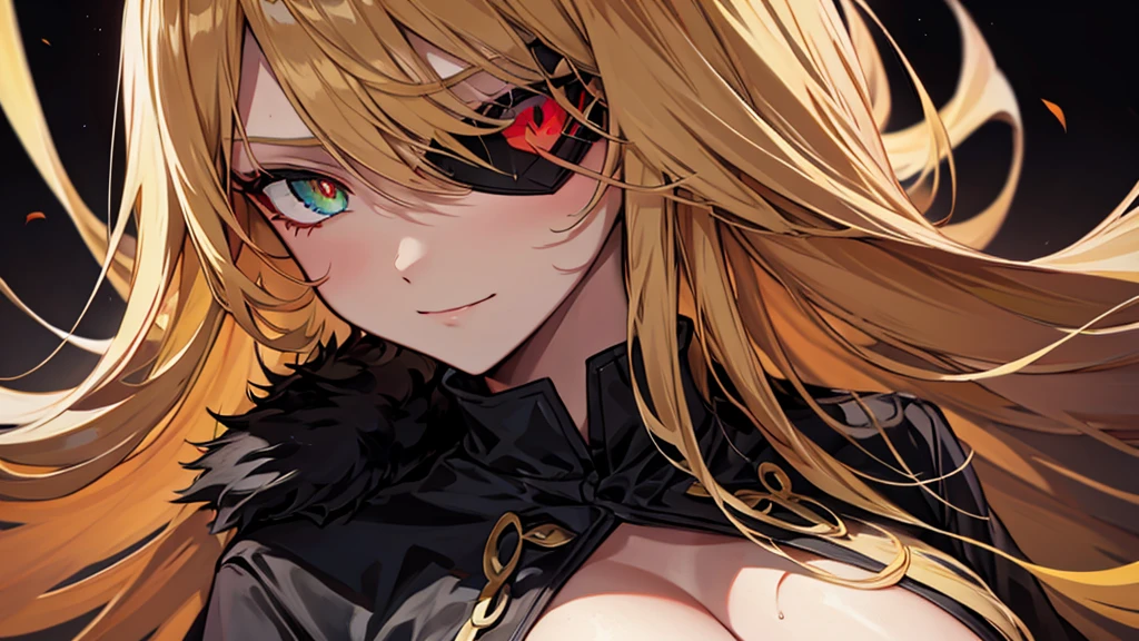 ((masterpiece)), ((best quality)), 1girl, adult, long hair, ((blonde hair)), very long blonde hair, ((intimidant look)), ((close-up)), profile image, green eyes, black and red clothes, sexy, dark colors, brillant eyes, ((coat with fur)), ((wavy hair)), exposed skin, ((sexy pose)), ((intimidant look)), good anatomy, ((dark sage clothes)), ((straight cut bangs)), emotionless, intimidant, ((beautiful eyes)), dark background, close up, ((detailed eyes)), beautiful eyes, ((detailed face)), hair bang, frontal look, evil, relaxed, smile, magical goddess othinus, detailed face, eyepatch, full body, ((detailed))