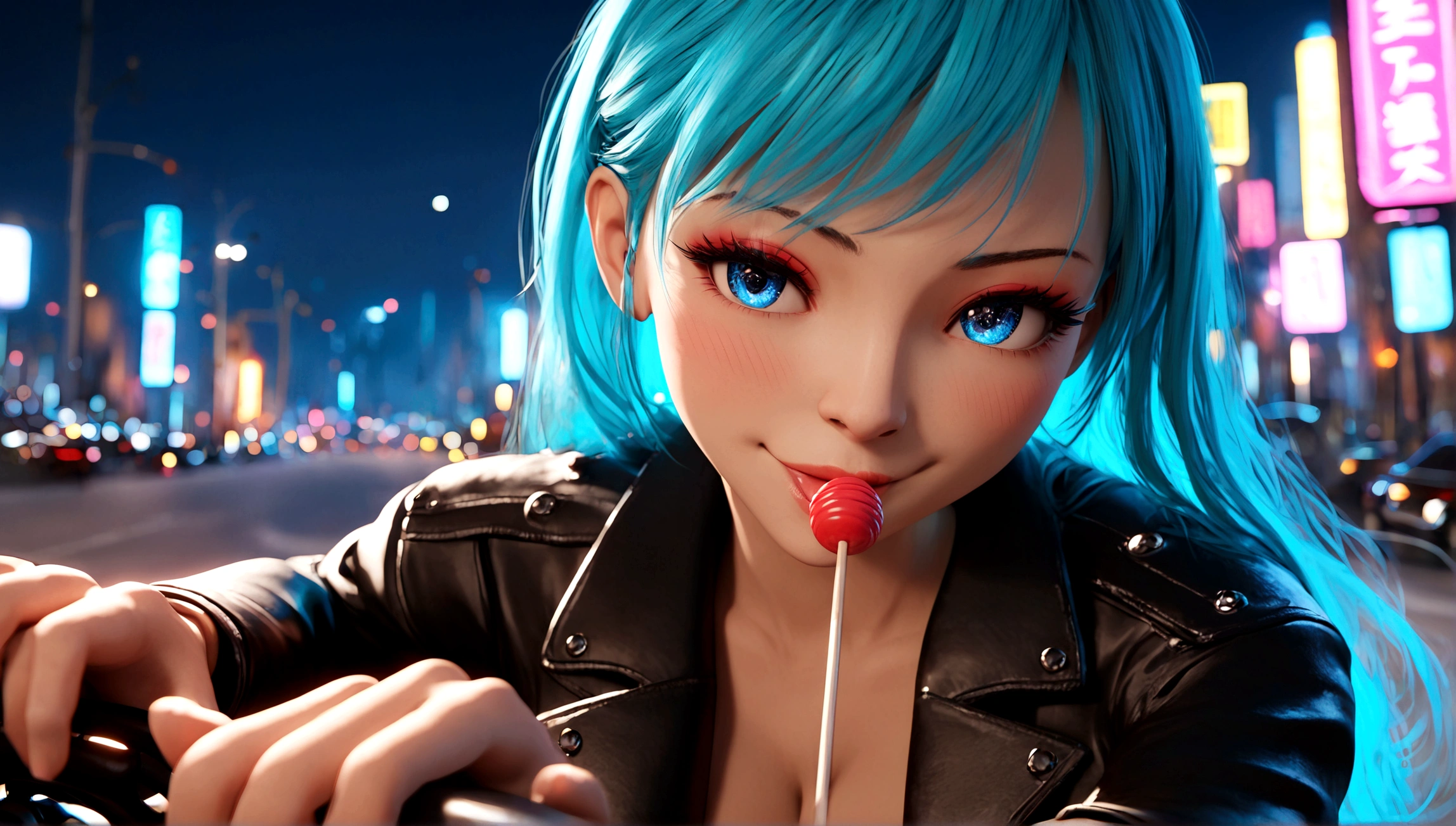 (score_9, score_8_up, score_7_up), 1girl, solo, lum, long hair, bangs, blue hair, blue eyes, aqua hair, tiny horns, eyeshadow, large breasts, looking at viewer, blush, a person riding a motorcycle, no helmet, leather jacket, hair blowing in the wind, on an overpass, neon city lights, left hand on the handlebar, right hand holding a lollipop, (best quality,4k,8k,highres,masterpiece:1.2),ultra-detailed,detailed face and eyes, highly detailed, cinematic lighting, vibrant colors, dramatic atmosphere, motion blur, depth of field, a girl licking a lollipop, pleasure on her face, bliss, mischievous smirk, intricate detailed facial features, high quality, 8k, beautiful detailed eyes, beautiful detailed lips, extremely detailed face, long eyelashes, vibrant colors, warm lighting, cinematic composition, dreamy atmosphere, fantasy, whimsical, magical realism, close up motorcycle, from side,