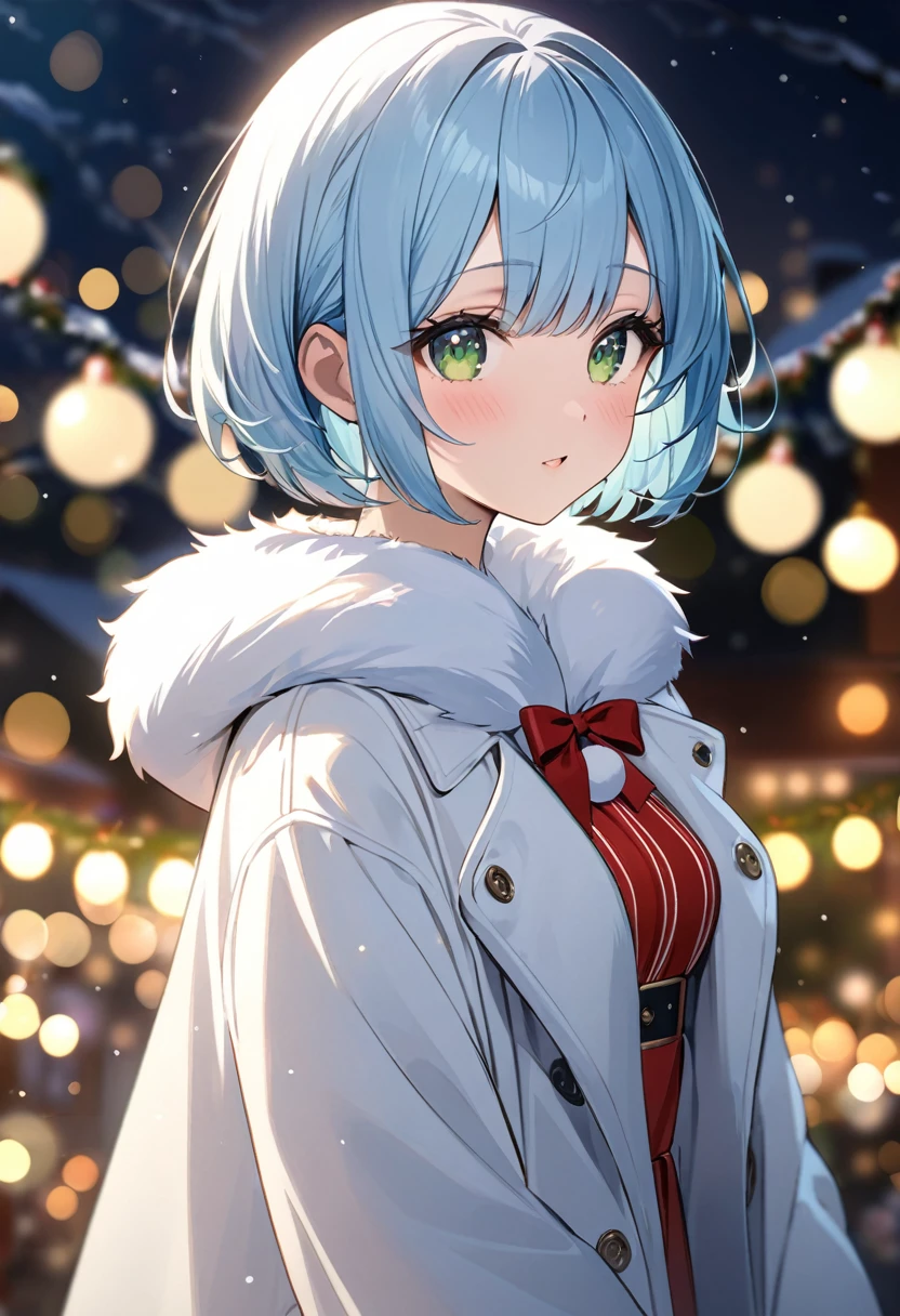 Highest quality、Light blue hair、Short Bob、Deep green eyes、Small breasts、Christmas illumination、bokeh，White fur coat、White Breath、night
