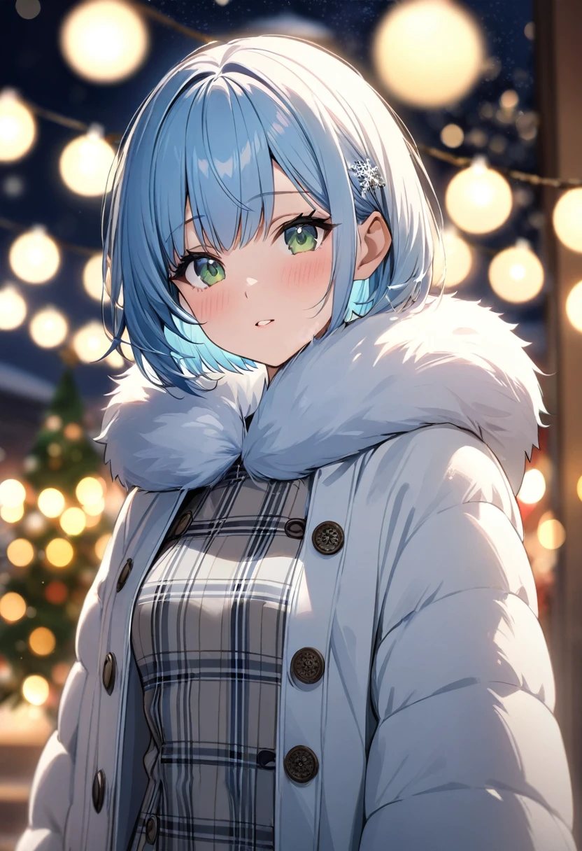 Highest quality、Light blue hair、Short Bob、Deep green eyes、Small breasts、Christmas illumination、bokeh,White fur coat、White Breath、night