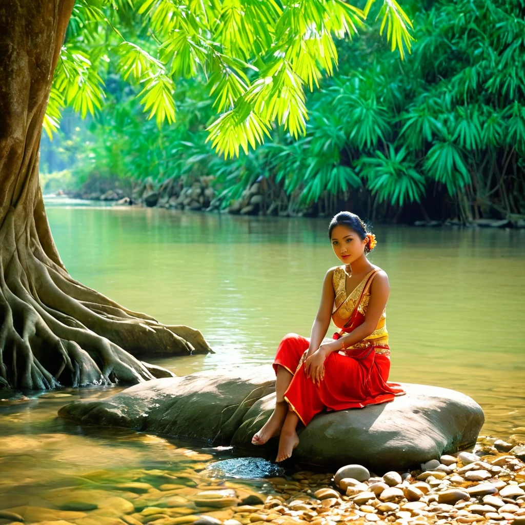 masterpiece, best quality, highest resolutionstunning photo an Indonesian woman, 20 years old. graceful and charming face, sitting on a rock, clear river bank, near a big shady tree, looks lush and natural, a few dry leaves on the surface of the calm flowing water, perfect composition gives the impression of serenity to the viewer, created in sharp and clear 32K quality 