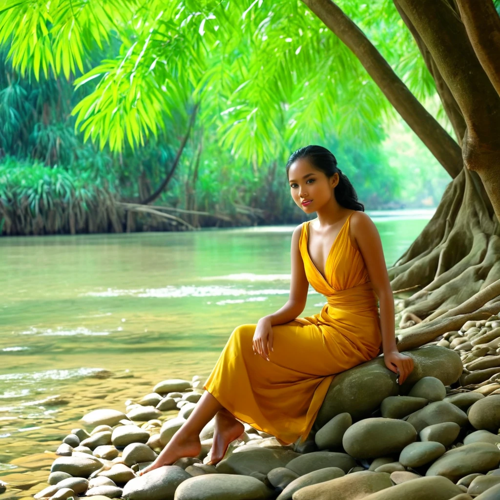 masterpiece, best quality, highest resolutionstunning photo an Indonesian woman, 20 years old. graceful and charming face, sitting on a rock, clear river bank, near a big shady tree, looks lush and natural, a few dry leaves on the surface of the calm flowing water, perfect composition gives the impression of serenity to the viewer, created in sharp and clear 32K quality 