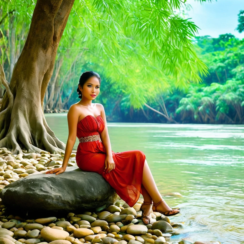 masterpiece, best quality, highest resolutionstunning photo an Indonesian woman, 20 years old. graceful and charming face, sitting on a rock, clear river bank, near a big shady tree, looks lush and natural, a few dry leaves on the surface of the calm flowing water, perfect composition gives the impression of serenity to the viewer, created in sharp and clear 32K quality 
