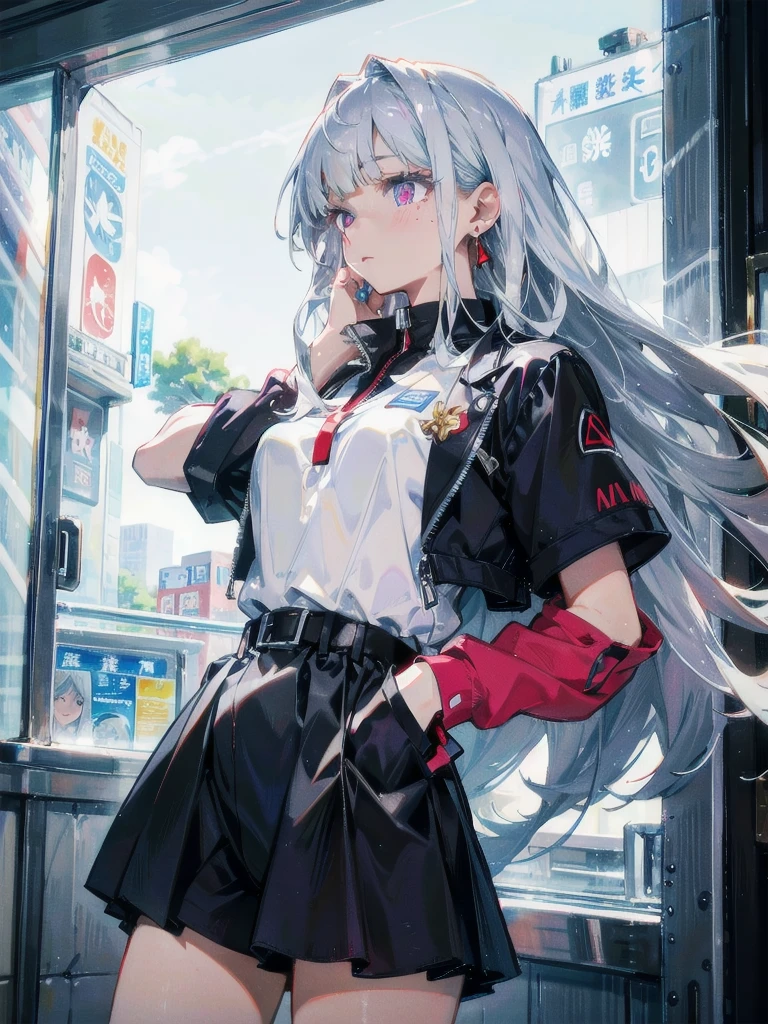 absurdres, RAW photo, extremely delicate and beautiful, masterpiece, Best Quality, ultra high resolution, 32k, hyperrealistic, ultra-detailed, in her 20s, delicate facial features, tearful mole, earring, medium breasts, full body shot, ONE GIRL ON PICTURE, ONE PERSON ON PICTURE, GIRL IN SHINY SILVER DIAMOND DRESS,airy, bravely 
Straight silver bangs and hair, straight smoth long hair, straight cutted smooth hairstyle, bangs and so one side bangs
golf uniform, shirt, shorts, red left eye, purple right eye