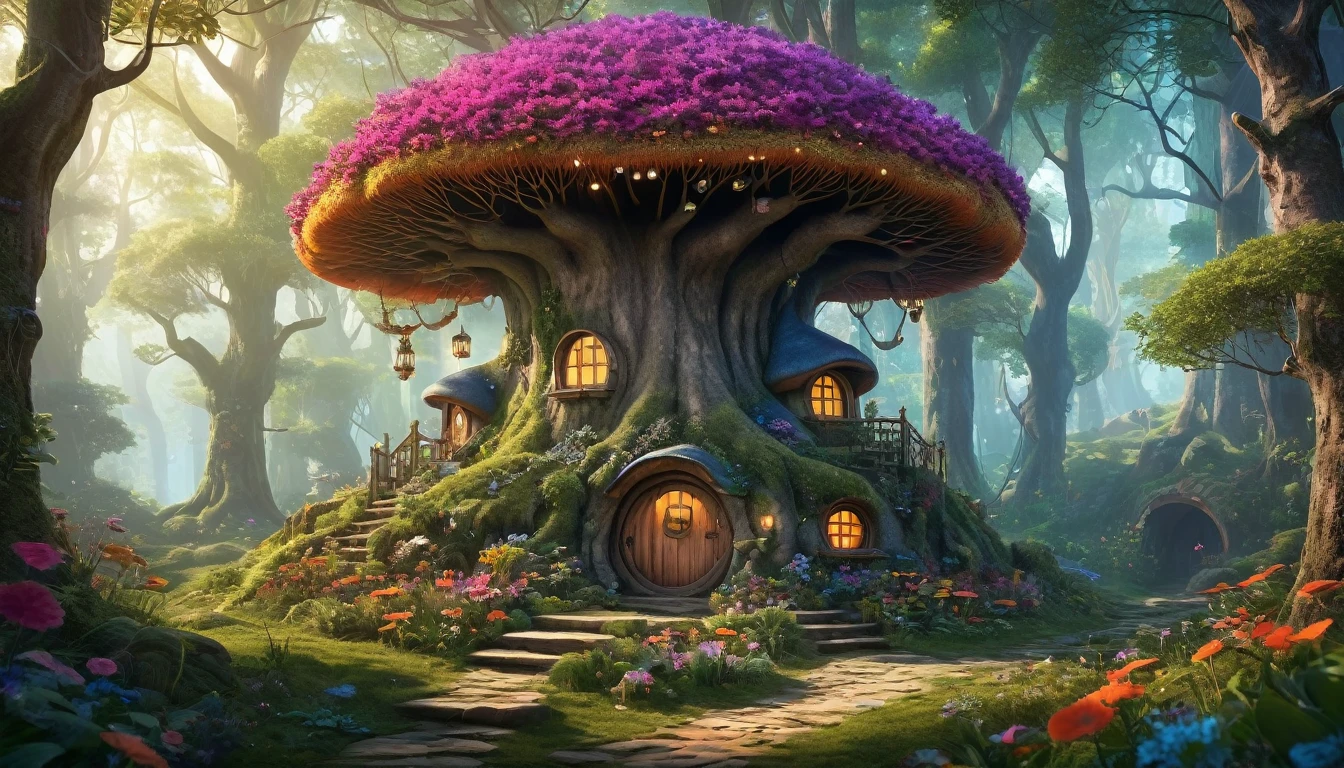 (Mysterious fantasy forest,Dense trees,A strange and cute little tree:1.5),A hobbit cabin, It is vividly depicted in the work (Best quality, 8K, Advanced resolution, Masterpiece: 1.2), With ultra-detailed detail, (1.4x realism, Photorealistic: 1.37). This fantasy forest is made up of bright colors, bathed in the warm glow of the sun, Create a cheerful and whimsical atmosphere. The house has been designed with great attention to detail, With a complex design and unique architecture, Similar to a mushroom-shaped house. (This fantasy forest is surrounded by lush greenery and colorful flowers), Elevate a captivating and magical environment. The artwork showcases an illustrative style, Inspired by children's book illustrations, Ensures a glamorous and nostalgic touch. The color palette consists of vibrant rainbow colors, Seven colors, Evoke feelings of joy and playfulness. Lighting accentuates the picturesque scene, Soft and warm shadows are created that add depth and warmth to the artwork. Every detail is impeccablely presented, creating a visually stunning masterpiece,Capture the essence of the fantasy forest.