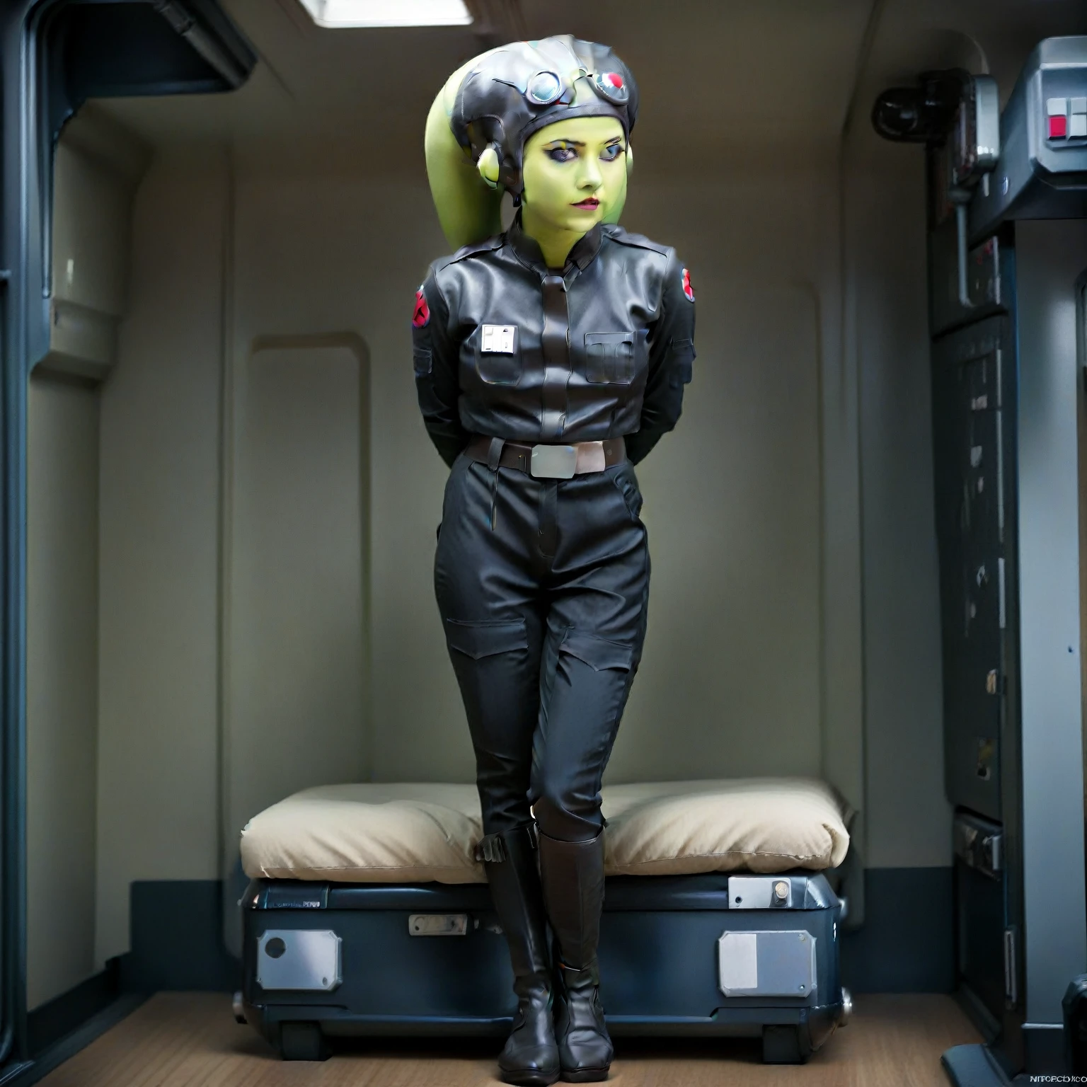 score_9, score_8_up, score_7_up, score_6_up, 2d, rating_questionable, rating_safe, BREAK a cinematic film portrait still of a young and attractive ((green skin)) Female Twi'lek (((hera syndulla ))), pale instagram model wearing (((Tie Pilot uniform))), wearing an officer cap, sitting on her sci-fi bunk bed, in a sci-fi ship, full body shot . shallow depth of field, vignette, highly detailed, high budget Hollywood movie by baz luhrmann, bokeh, cinemascope, moody, epic, gorgeous, film grain, grainy
