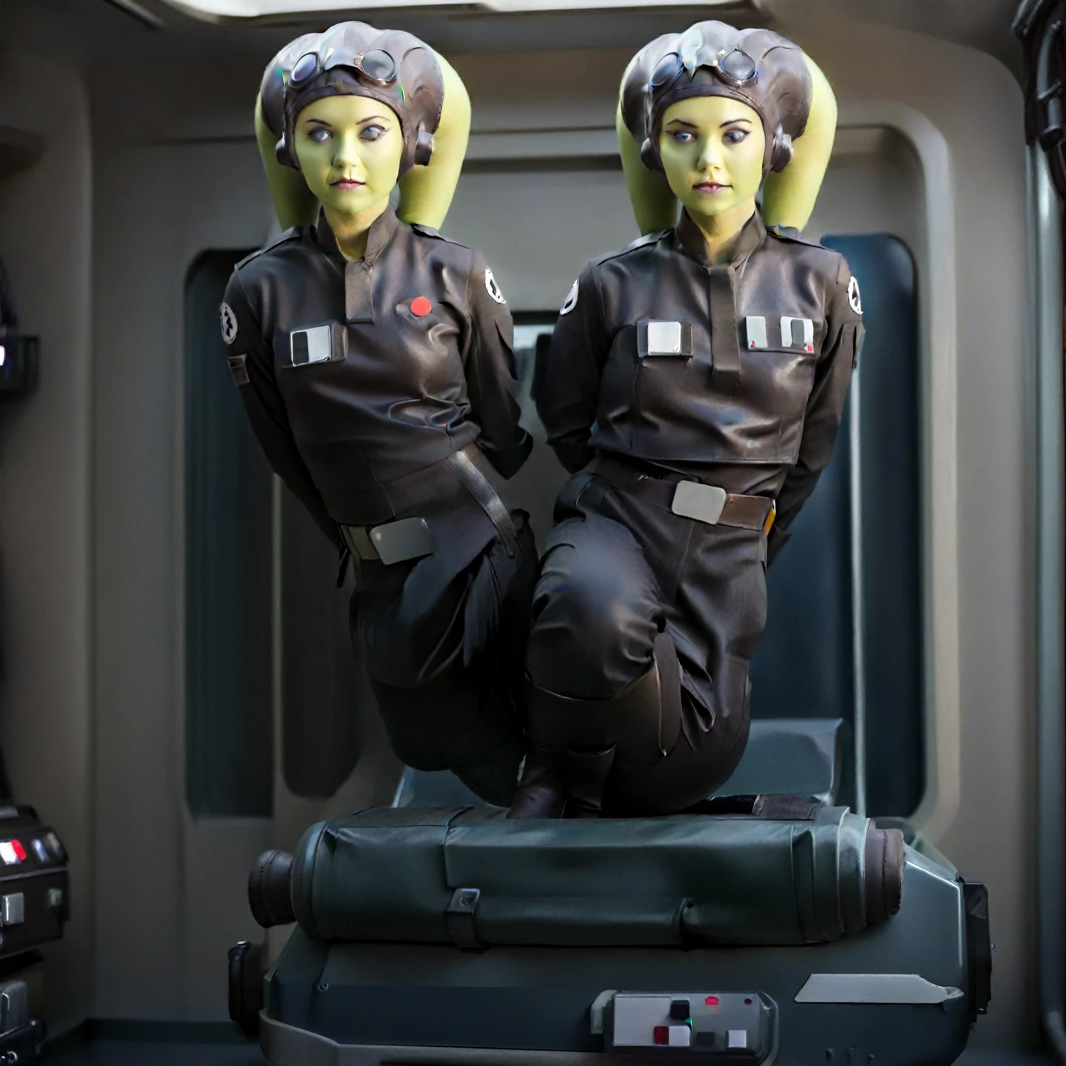 score_9, score_8_up, score_7_up, score_6_up, 2d, rating_questionable, rating_safe, BREAK a cinematic film portrait still of a young and attractive ((green skin)) Female Twi'lek (((hera syndulla ))), pale instagram model wearing (((Tie Pilot uniform))), wearing an officer cap, sitting on her sci-fi bunk bed, in a sci-fi ship, full body shot . shallow depth of field, vignette, highly detailed, high budget Hollywood movie by baz luhrmann, bokeh, cinemascope, moody, epic, gorgeous, film grain, grainy
