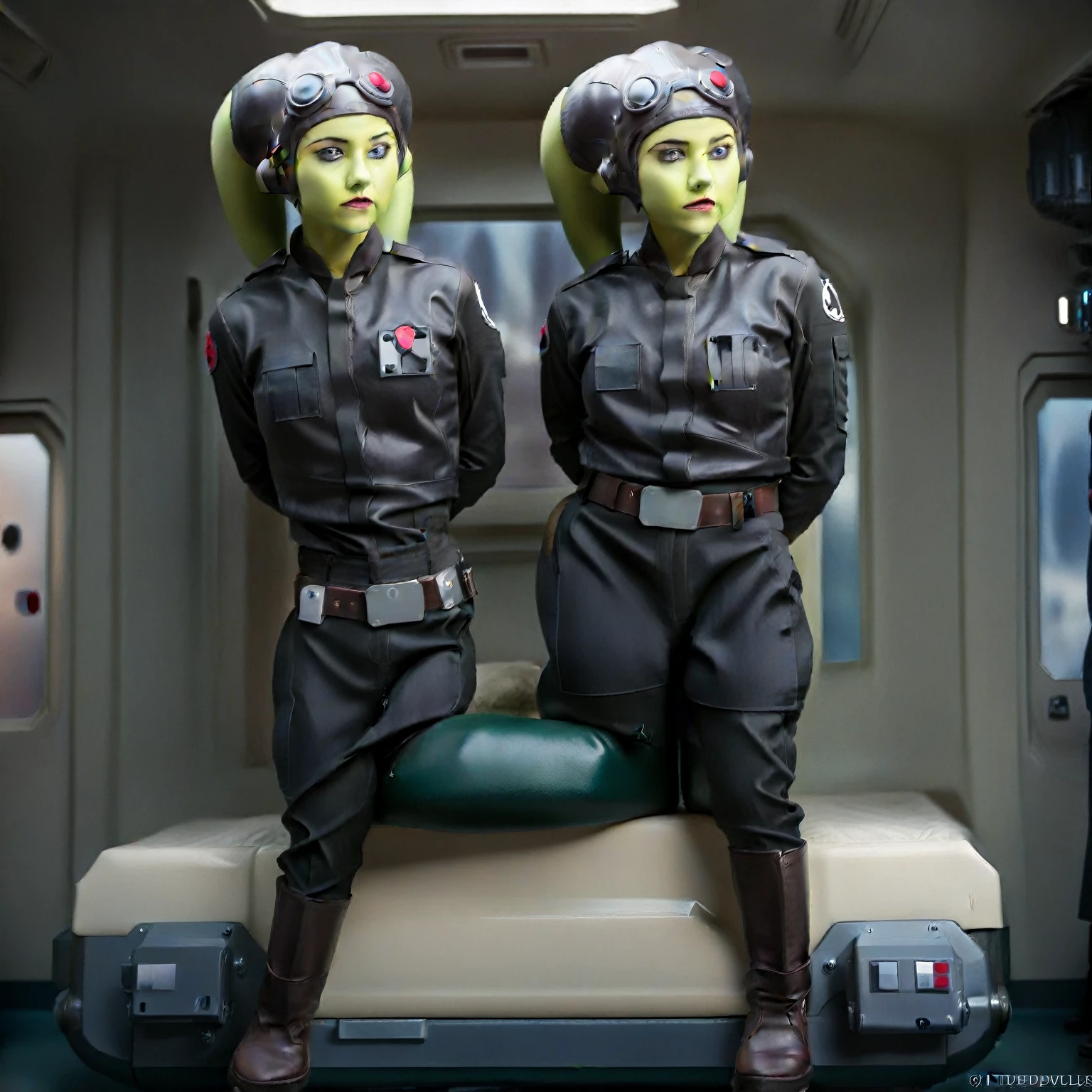 score_9, score_8_up, score_7_up, score_6_up, 2d, rating_questionable, rating_safe, BREAK a cinematic film portrait still of a young and attractive ((green skin)) Female Twi'lek (((hera syndulla ))), pale instagram model wearing (((Tie Pilot uniform))), wearing an officer cap, sitting on her sci-fi bunk bed, in a sci-fi ship, full body shot . shallow depth of field, vignette, highly detailed, high budget Hollywood movie by baz luhrmann, bokeh, cinemascope, moody, epic, gorgeous, film grain, grainy
