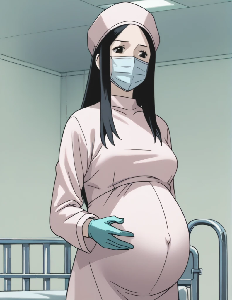 score_9,  score_8_up, score_7_up, source_anime, kasuganoray, pale skin, shy eyes, long hair, scrubs, surgical mask, surgical cap, long sleeve maternity dress, 
1girl, pregnant, solo, rubber gloves, looking down, furrowed brow, hospital bed, standing