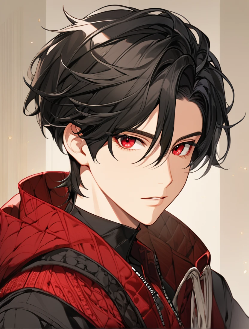 (Black_Hair), (red_ruby_eyes), (Handsome), (attractive), (male), (close_up_shot), (detailed_eyes), (detailed_hair), (clean_hair),  (vertical_pupils), (jawline), (wears_aristrocatic_outfit), (in_his_late_teens), (short_hair)