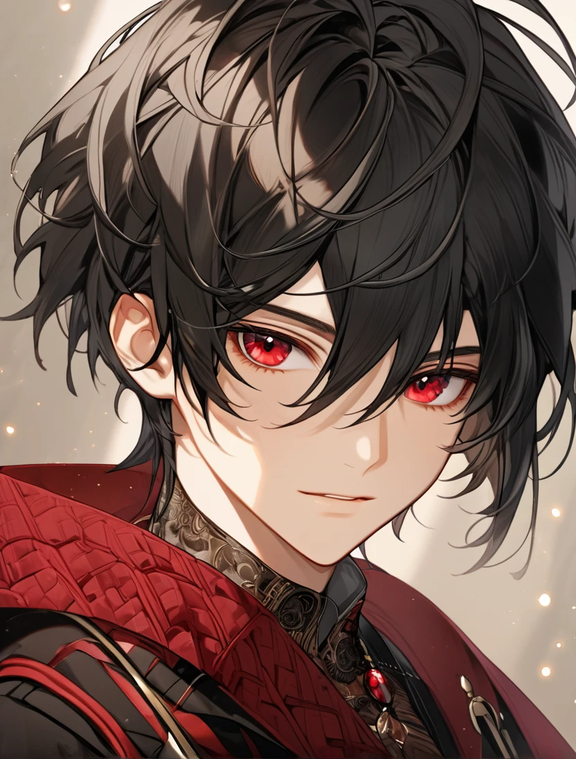 (Black_Hair), (red_ruby_eyes), (Handsome), (attractive), (male), (close_up_shot), (detailed_eyes), (detailed_hair), (clean_hair), (vertical_pupils), (jawline), (wears_aristrocatic_outfit), (in_his_late_teens), (short_hair)