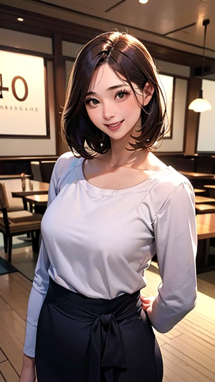 1 Woman, Japanese Woman,(Housewife:1.5),(40 Years Old:1.68),(Attractive Mature Woman:1.66),(Middle Age:1.78),(small breasts:1.2),((graduated haircut)),Casual, simple blouse,V-neckline,knee-length skirt, blouse in bright colors,pastel shades,(((cafe interior,in room))),(laugh:1.4),