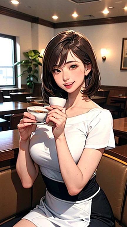1 Woman, Japanese Woman,(Housewife:1.5),(40 Years Old:1.68),(Attractive Mature Woman:1.66),(Middle Age:1.78),(small breasts:1.2),((graduated haircut)),Casual, simple blouse,V-neckline,knee-length skirt, blouse in bright colors,pastel shades,(((cafe interior,in room))),(laugh:1.4),