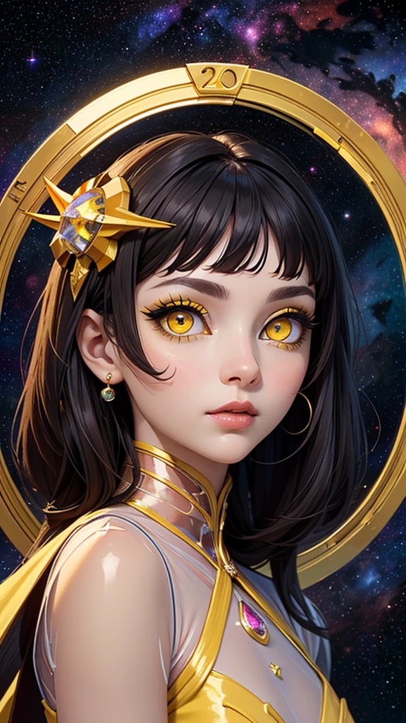 1 27-year-old girl, 1 zodiac goddess from the future, goddess of the pink and purple 12 zodiacs, the goddess of the zodiac in a yellow ao dai, a 12 zodiac ao dai with many black lace detail, mythology Goddess of the 12 zodiacs from the future, zodiac ♏, luxurious glittering zodiac style, dark and mysterious version, zodiac crown, lipstick lips red, thin and beautiful lips, mouth closed, characters made by karol bak and pino daeni, intricate detail, detailed background, extremely detailed, light magic, a woman, clear face, hair long with bangs, beautiful face in detail and well-proportioned eyes, (transparent yellow eyes: 1.8), big round eyes and very beautiful and detailed makeup, foresight, silk dress, mysterious makeup , double bangs and dyed light blonde , upper half portrait, zodiac goddess portrait, arms hanging loosely, Realistic and vivid photo, (stars make up the zodiac: 1.7), (sky background zodiac and fictitious space and time portal: 1.8), fiction art, RAW photo, hanfu picture, best photo, best photo quality, 8k quality, 8k ultra, super realistic, real photo most economical, the goddess poses sexy and seductive,