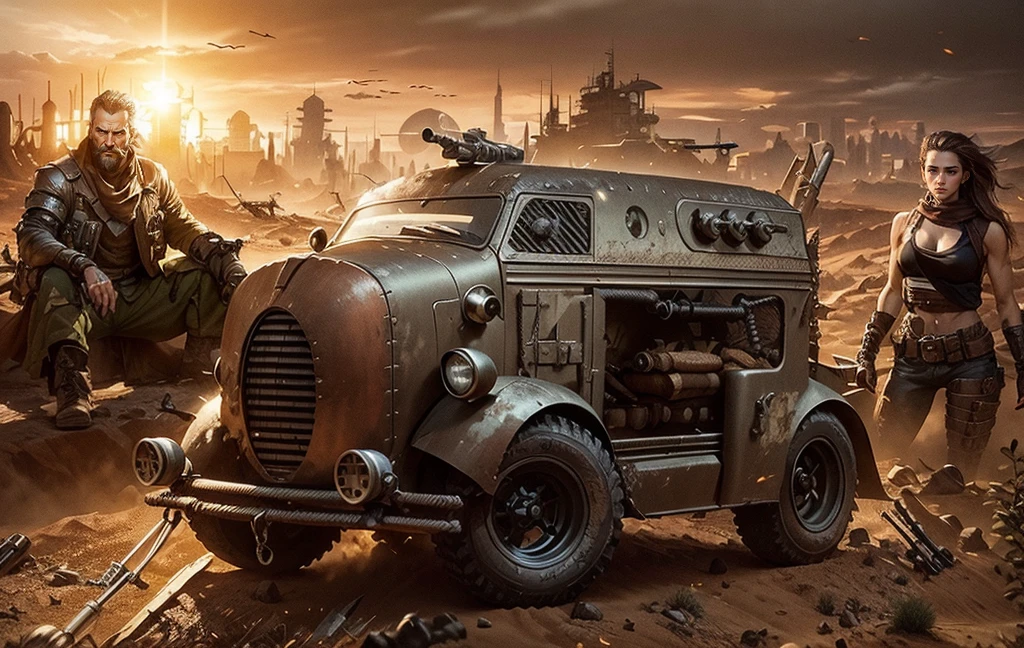 An armored Powerfull modified mini truck with machine guns and missiles in the foreground, behind an old Mel Gibson Mad Max and Angelina Jolie armored and in the background de Mad Max city with a lot of buildings  lost in the desert and a Huge Sul behind the mountains farway..