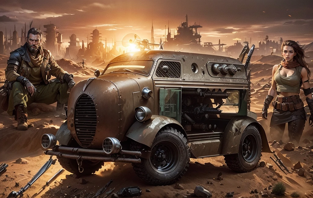 An armored Powerfull modified mini truck with machine guns and missiles in the foreground, behind an old Mel Gibson Mad Max and Angelina Jolie armored and in the background de Mad Max city with a lot of buildings lost in the desert and a Huge Sul behind the mountains farway..