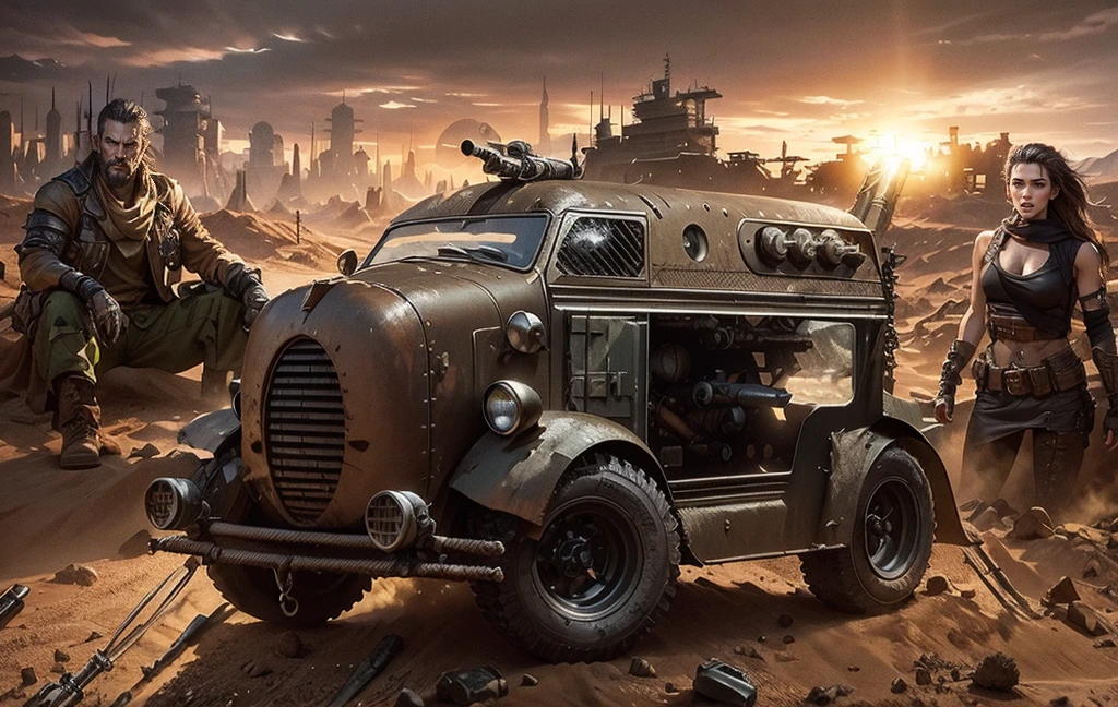 An armored Powerfull modified mini truck with machine guns and missiles in the foreground, behind an old Mel Gibson Mad Max and Angelina Jolie armored and in the background de Mad Max city with a lot of buildings  lost in the desert and a Huge Sul behind the mountains farway..