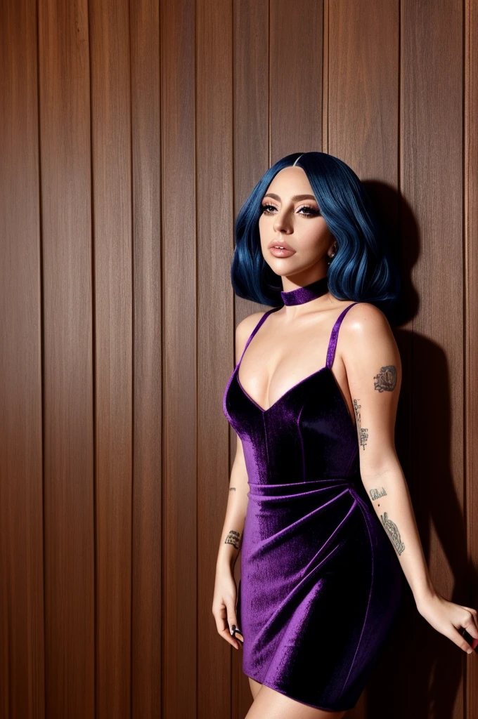 lady gaga, beautiful makeup, wearing velvet dress with two straps, artistic pose, wooden wall background