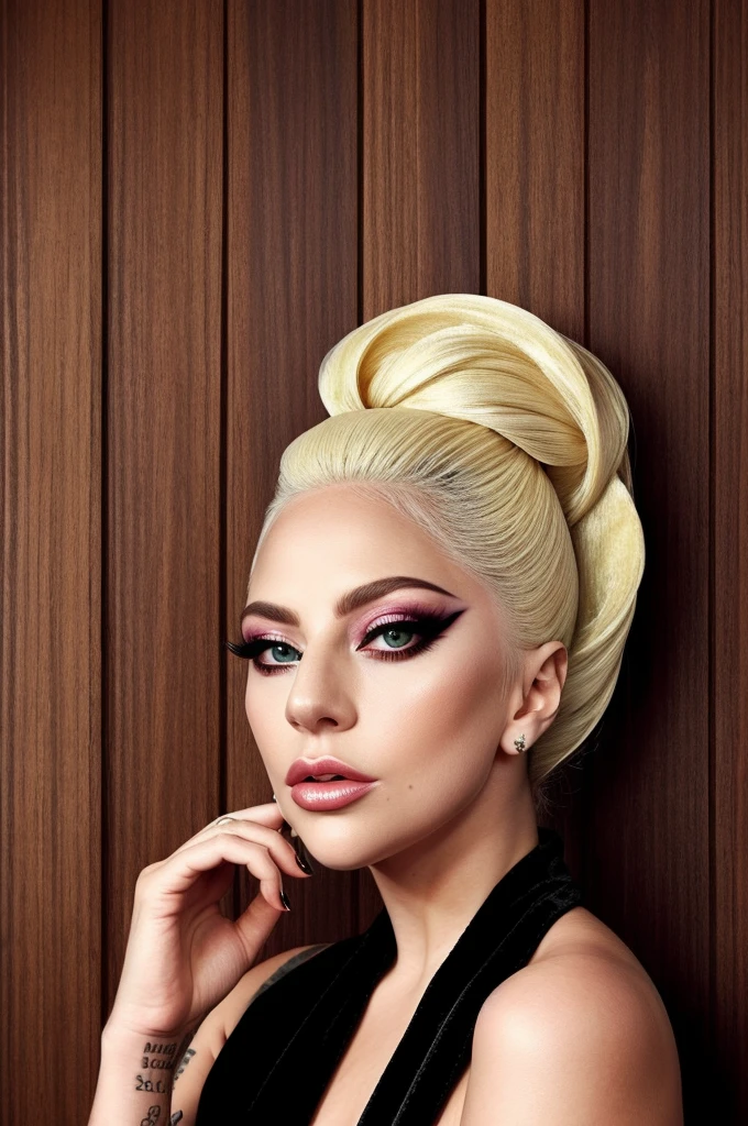 lady gaga, beautiful makeup, wearing velvet dress with two straps, artistic pose, wooden wall background