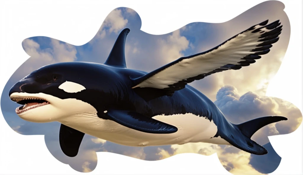Orca with eagle wing flying above clouds