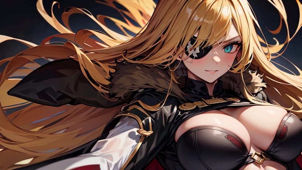 ((masterpiece)), ((best quality)), 1girl, adult, long hair, big bust, ((blonde hair)), very long blonde hair, ((intimidant look)), ((close-up)), profile image, green eyes, black and red clothes, sexy, dark colors, brillant eyes, ((coat with fur)), ((wavy hair)), exposed skin, ((sexy pose)), ((intimidant look)), good anatomy, ((dark sage clothes)), ((straight cut bangs)), emotionless, intimidant, ((beautiful eyes)), dark background, close up, ((detailed eyes)), beautiful eyes, ((detailed face)), hair bang, frontal look, evil, relaxed, smile, magical goddess othinus, abs, detailed face, eyepatch, huge tits, full body, ((detailed))