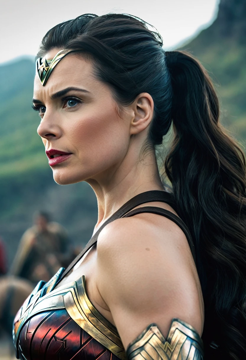 (((Extreme close-up of a beautiful mature woman Hayley Atwell long black hair (((Diameter))),(((Hair collected in a ponytail)))under the mantle of the Amazon warrior Wonder Woman images Surreal cinematographic HD images Color Splash))),(((Diameter))),(((Diameter Wonder Woman))
