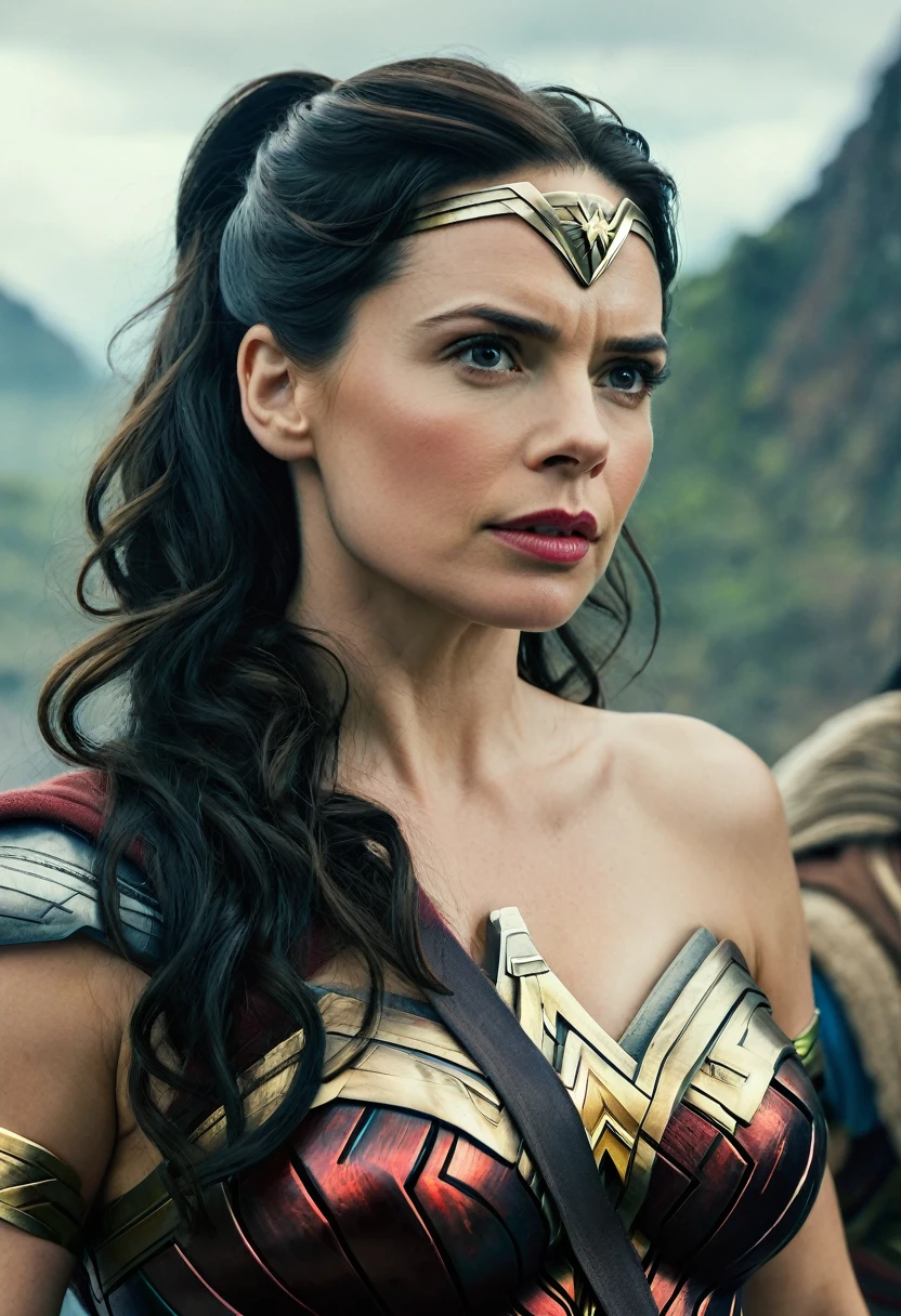(((Extreme close-up of a beautiful mature woman Hayley Atwell long black hair (((Diameter))),(((Hair collected in a ponytail)))under the mantle of the Amazon warrior Wonder Woman images Surreal cinematographic HD images Color Splash))),(((Diameter))),(((Diameter Wonder Woman))