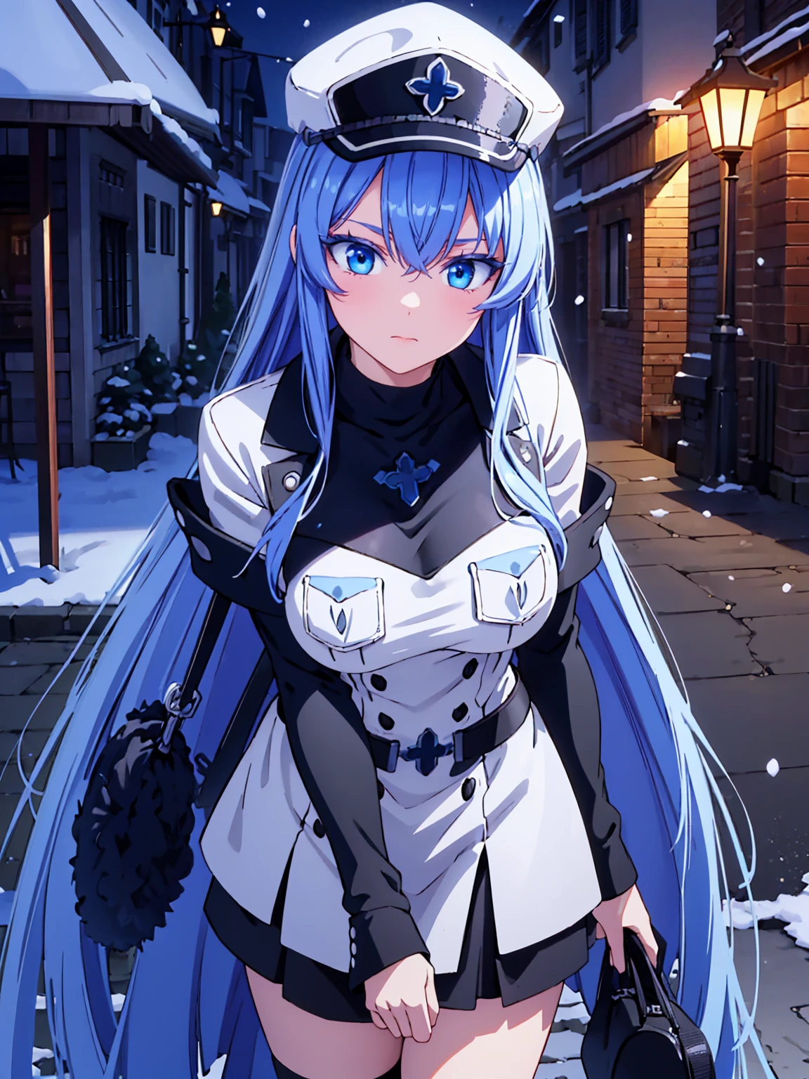 a girl with long blue hair, blue eyes, blue eyelashes, big breasts, white sweatshirt with a hat, walking, upset, on a street in Russia, snowing heavily, at night, (best quality,4k,8k,highres,masterpiece:1.2),ultra-detailed,(realistic,photorealistic,photo-realistic:1.37),HDR,UHD,studio lighting,extreme detail description,vivid colors,portrait,dramatic lighting,cold color tone