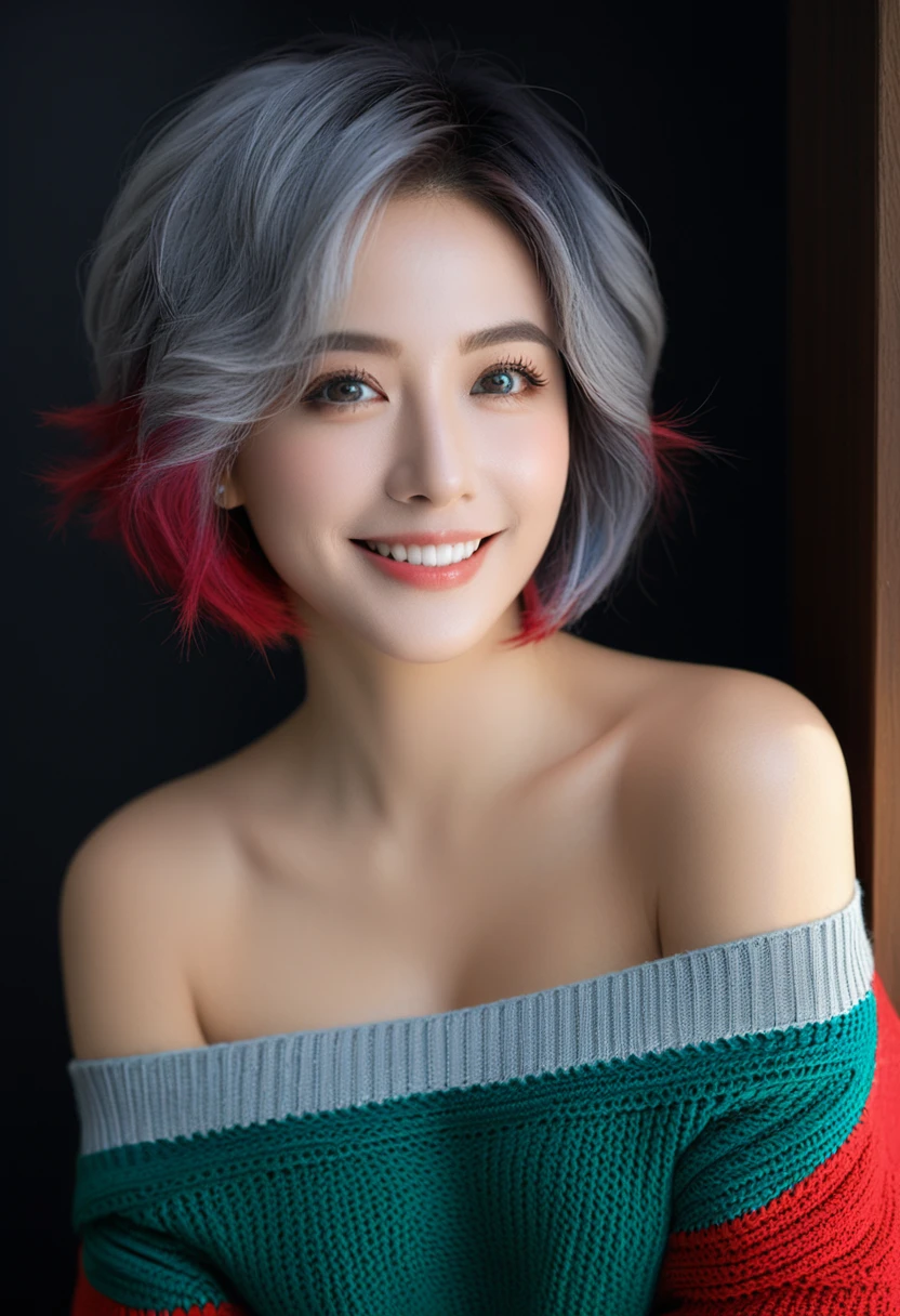 (surrealism), (enlightenment), (highest resolution), (8K), (very detailed), (The best enlightenmentns), (beautiful and delicate eyes), (top quality), (very detailed), (masterpiece), (wallpaper), (detailed face), solo, 1 woman, Looking at the viewer, in detail, detailed face, in the dark, deep shadows, tranquil, pure face_v1, smile, bust, （pink gray hair color、red and green, Blue colorful off-shoulder sweater）short hair