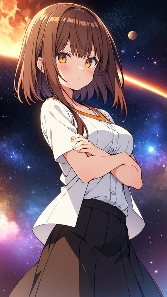 girl, Brown Hair, Orange eyes, Arms crossed, In the middle of the universe, ((Anime Style)), White shirt, Soft colors, Colorful background, Space Background, Soft Strokes