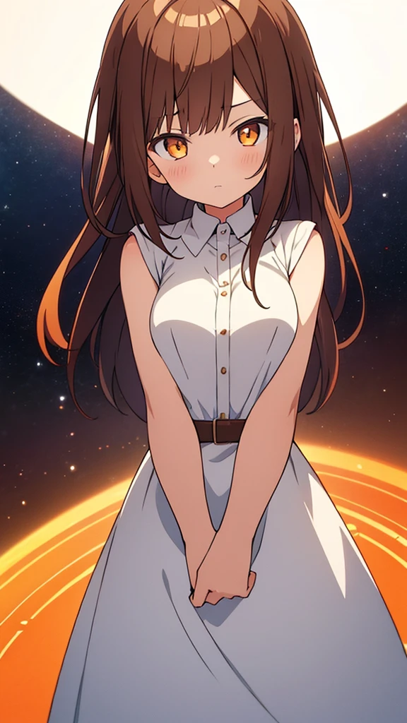 girl, Brown Hair, Orange eyes, Arms crossed, In the middle of the universe, ((Anime Style)), White shirt, Soft colors, Colorful background, Space Background, Soft Strokes