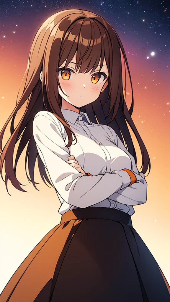 girl, Brown Hair, Orange eyes, Arms crossed, In the middle of the universe, ((Anime Style)), White shirt, Soft colors, Colorful background, Space Background, Soft Strokes