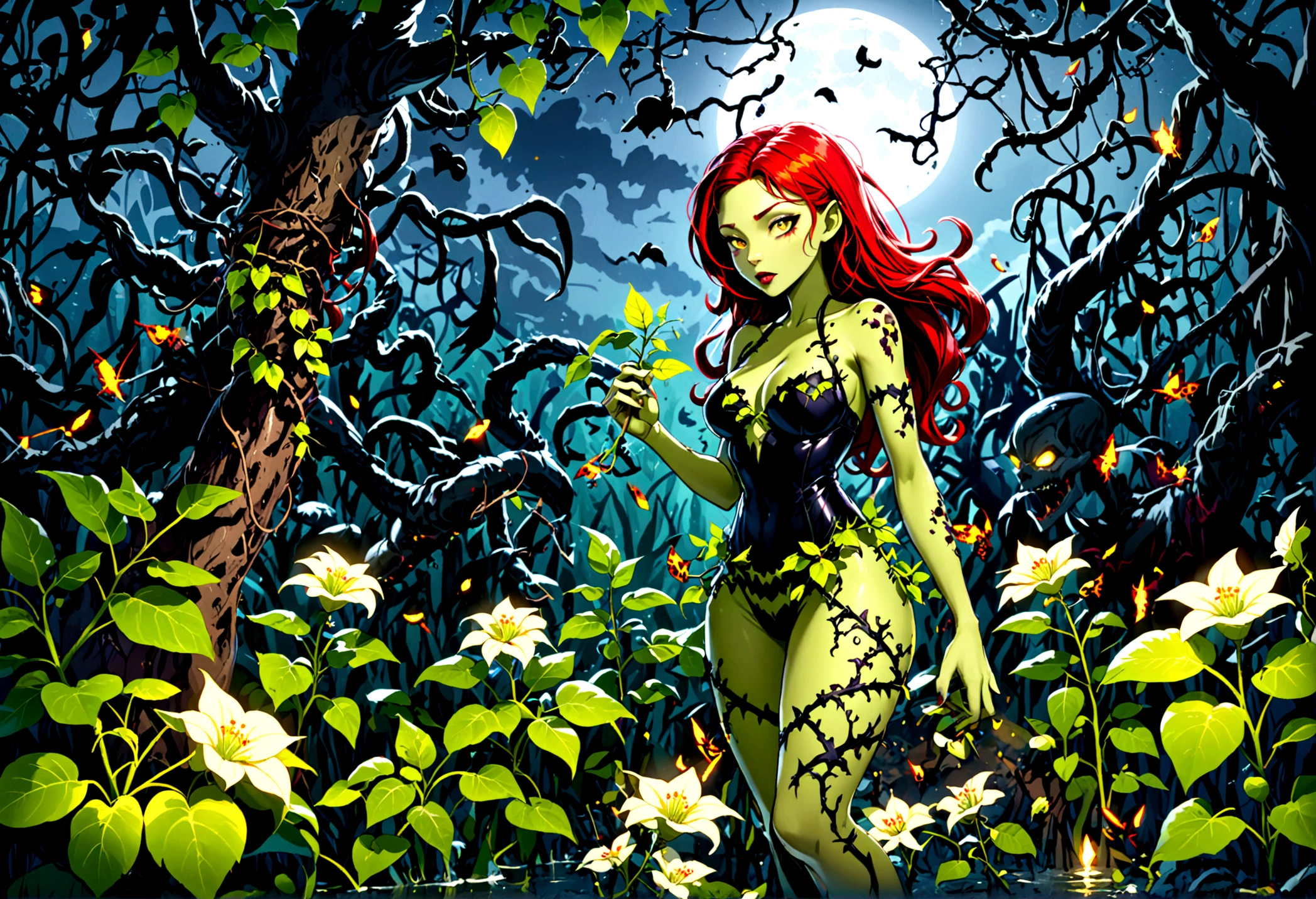 DC character 'poison ivy' has animated plant (thorn,vine,flower) beasts to demolish a horde of zombie (rotten people) emerging from a swap, moonlit swamp

