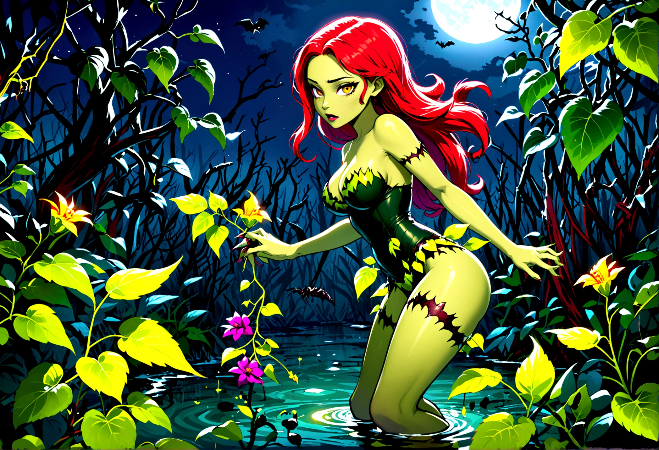 DC character 'poison ivy' has animated plant (thorn,vine,flower) beasts to demolish a horde of zombie (rotten people) emerging from a swap, moonlit swamp