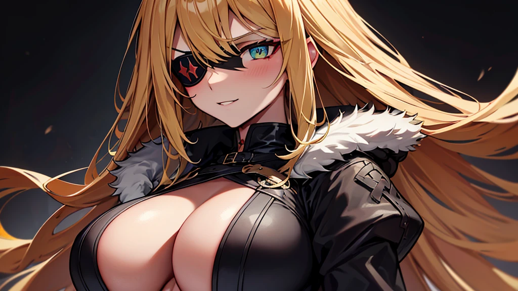 ((masterpiece)), ((best quality)), 1girl, adult, long hair, big bust, ((blonde hair)), very long blonde hair, ((intimidant look)), ((close-up)), profile image, green eyes, black and red clothes, sexy, dark colors, brillant eyes, ((coat with fur)), ((wavy hair)), exposed skin, ((sexy pose)), ((intimidant look)), good anatomy, ((dark sage clothes)), ((straight cut bangs)), emotionless, intimidant, ((beautiful eyes)), dark background, close up, ((detailed eyes)), beautiful eyes, ((detailed face)), hair bang, frontal look, evil, relaxed, smile, magical goddess othinus, abs, detailed face, eyepatch, huge tits, full body, ((detailed))