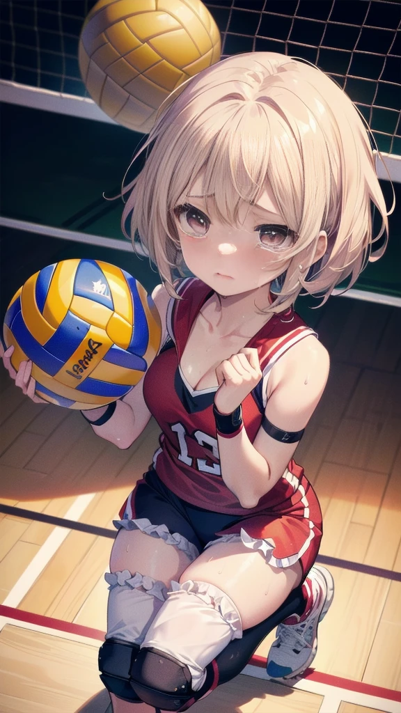 超High resolution, Anatomically correct, 8K, (((masterpiece))), (((Highest quality))), (((Super detailed))), (((High resolution))), ((Ultra-fine illustrations)), , Beautiful face in every detail, alone, One Girl, 17 years old, , Small breasts、Cleavage, ((Thin thighs)), , ((Sorry look)), (((In tears))), (Looking up), break, , (((Bloomers))), (Sleeveless volleyball uniform), head band, ((Wristband)), ((Knee pads)), break, ((Hold a beautiful spherical 6-inch volleyball with both hands)), Kneel, ((Sweat)), (Sweatをかいた), (Heavy breathing), Depth, In high school, Lighting, From above, (Looking at the audience)