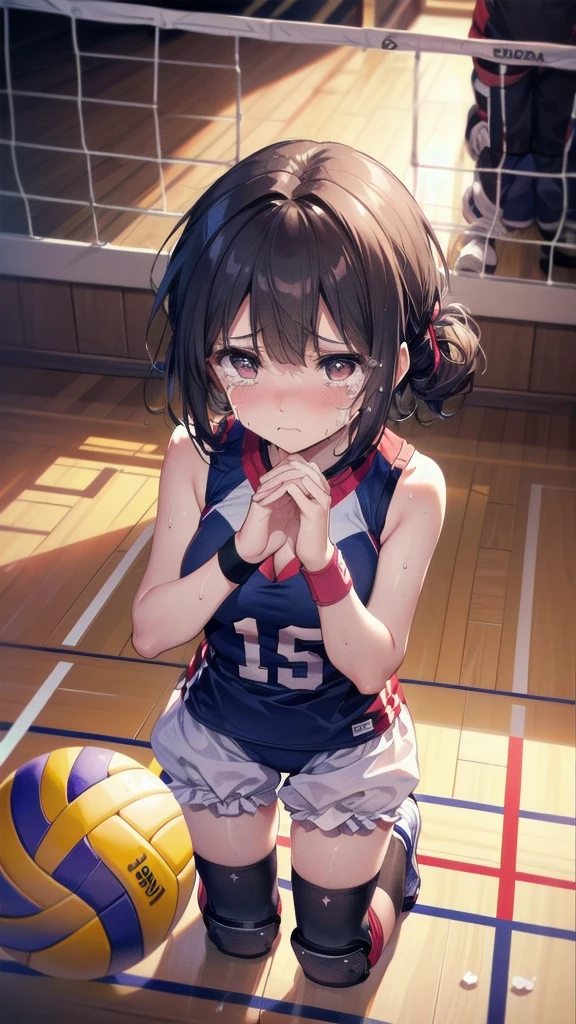 超High resolution, Anatomically correct, 8K, (((masterpiece))), (((Highest quality))), (((Super detailed))), (((High resolution))), ((Ultra-fine illustrations)), , Beautiful face in every detail, alone, One Girl, , , Small breasts、Cleavage, ((Thin thighs)), , ((Sorry look)), (((In tears))), (Looking up), break, , (((Bloomers))), (Sleeveless volleyball uniform), head band, ((Wristband)), ((Knee pads)), break, ((Hold a beautiful spherical 6-inch volleyball with both hands)), Kneel, ((Sweat)), (Sweatをかいた), (Heavy breathing), Depth, In high school, Lighting, From above, (Looking at the audience)