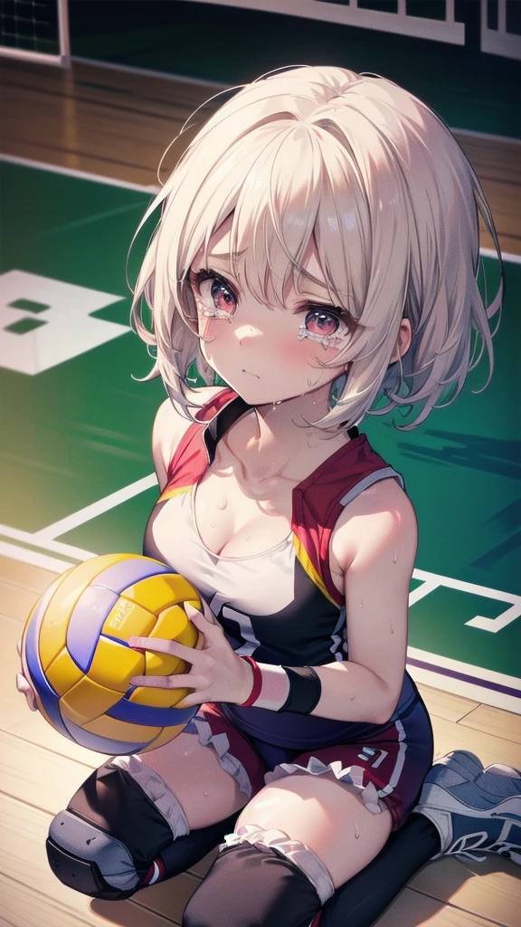 超High resolution, Anatomically correct, 8K, (((masterpiece))), (((Highest quality))), (((Super detailed))), (((High resolution))), ((Ultra-fine illustrations)), , Beautiful face in every detail, alone, One Girl, , , Small breasts、Cleavage, ((Thin thighs)), , ((Sorry look)), (((In tears))), (Looking up), break, , (((Bloomers))), (Sleeveless volleyball uniform), head band, ((Wristband)), ((Knee pads)), break, ((Hold a beautiful spherical 6-inch volleyball with both hands)), Kneel, ((Sweat)), (Sweatをかいた), (Heavy breathing), Depth, In high school, Lighting, From above, (Looking at the audience)